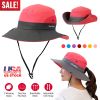 Women Summer Sun Bucket Hats Foldable UV Protection Cotton Cap Wide Brim Floppy Cap Packable Ponytail Mesh Travel Hat For Beach Fishing Camping Travel